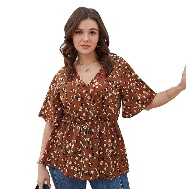 XL-4XL Women V Neck Ruffled Short Sleeve Plus Size Blouse Caramel 2660