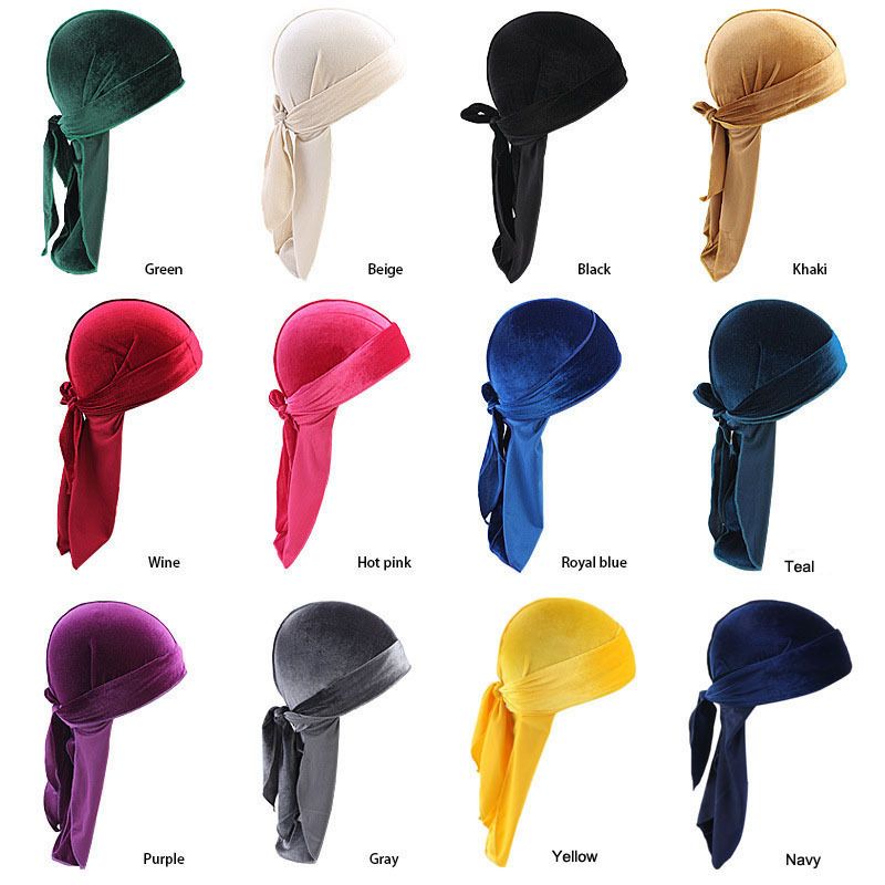 (Sky Blue)Unisex Velvet Durag Long Tail And Wide Straps Waves For Men Solid Wide Doo Rag Bonne XXA