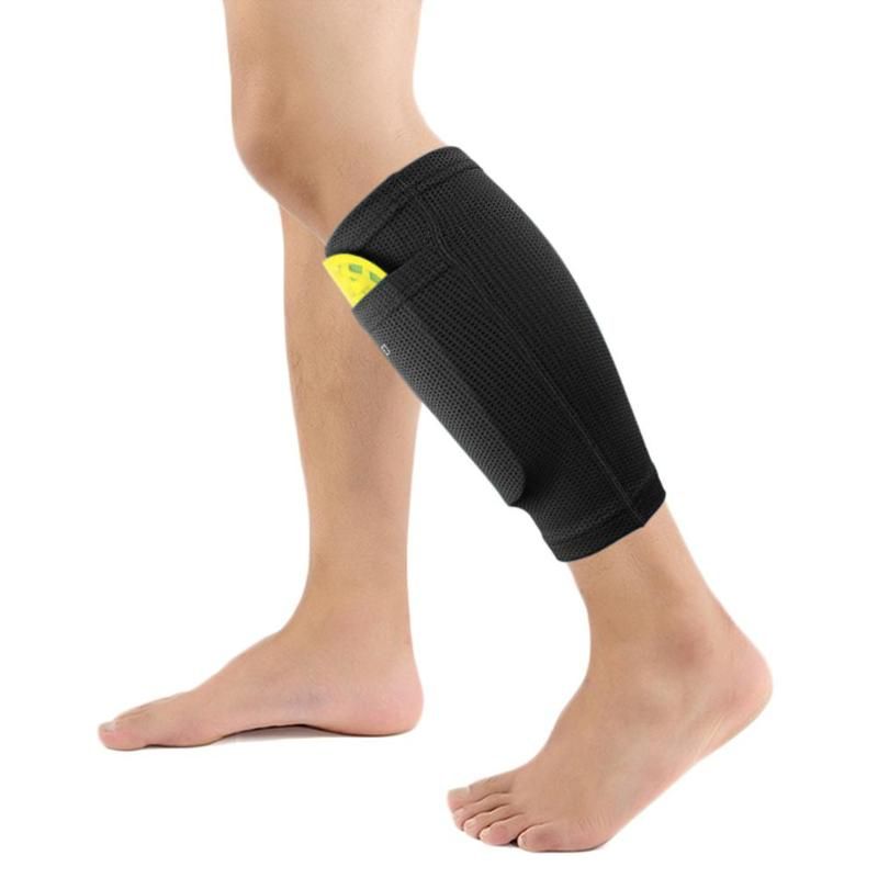 Pair Soccer Protective Socks Shin Pads Supporting Shin Guard Stretchable Wear Resistance With Pocket Sports Safety-Black
