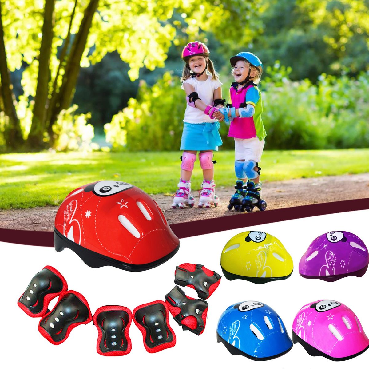 Skate Pads Children's Protective Skateboard Protective Adjustable Equipment 7-in-1 Knee And Elbow Pads For Kids 7 Year Old-Pink