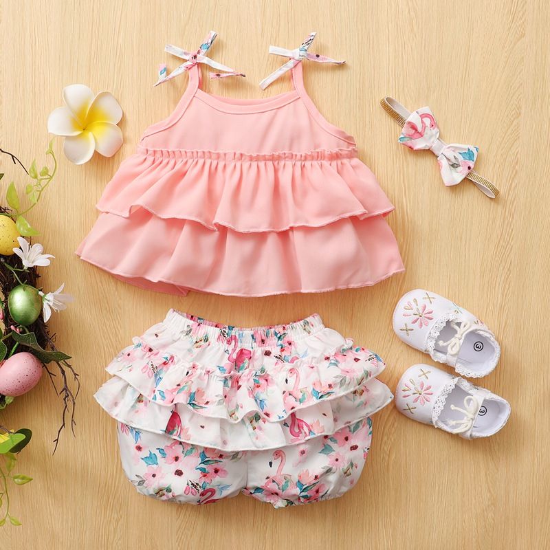 Baby Girls Summer Clothing Set Flamingo Design Tank Tops With Ruffle Shorts