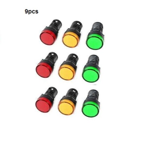 9pcs Ac 220v LED Indicator Pilot Signal Lamp 22mm - Yellow - Blue And Red