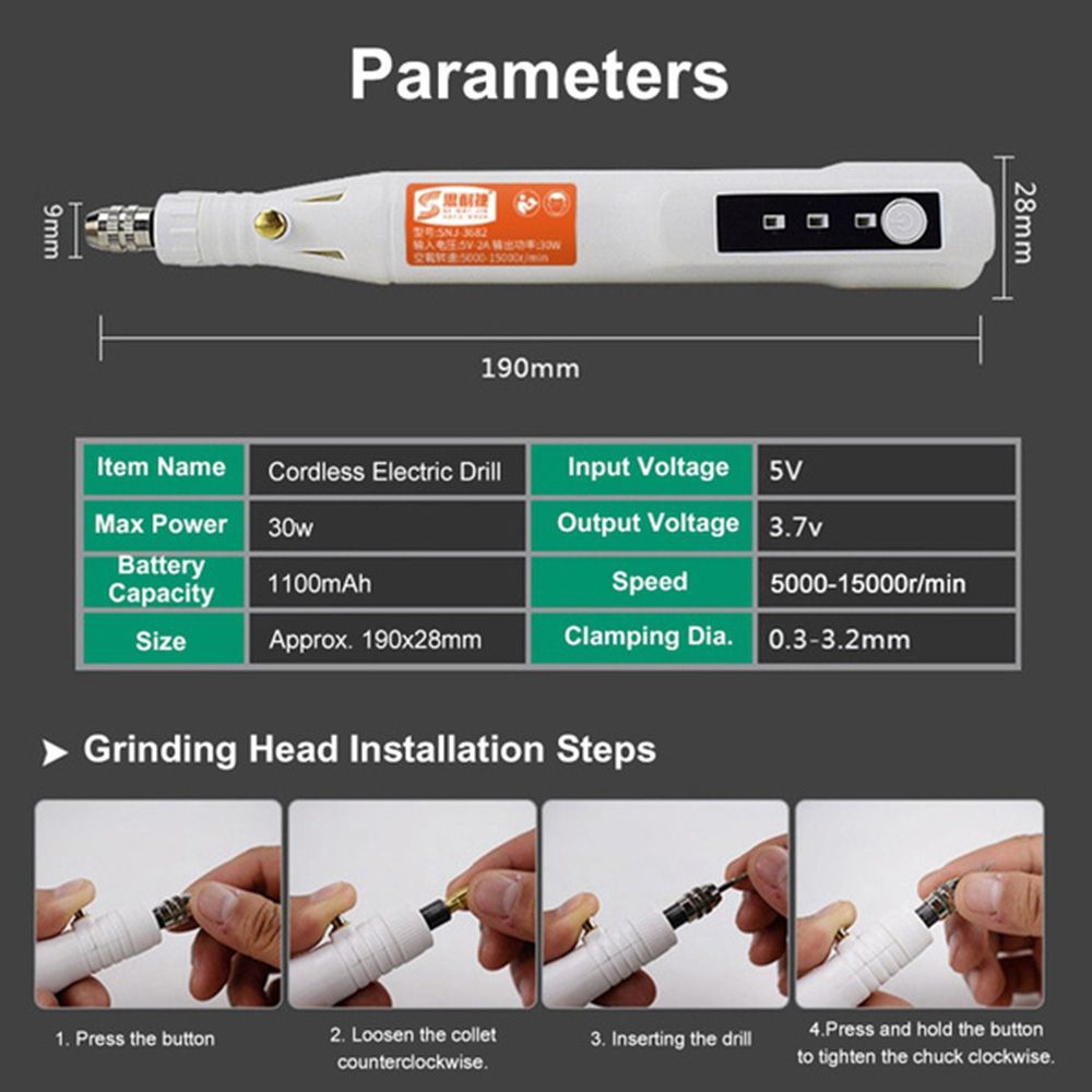 3 Speeds 0.5-3.2mm USB Mini Electric Drill Pen Electric Grinder Engraving Carving Polishing Machine Rotary Tool With Accessories