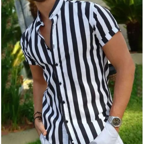 Casual Simple Outdoor Sumer Beach Vintage Striped Loose Short Sleeve Shirt
