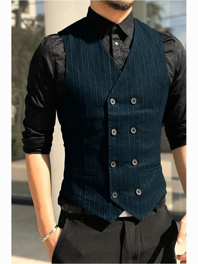 Men's Suit Vest Striped Double Breasted Business Sleeveless Jacket Casual Slim