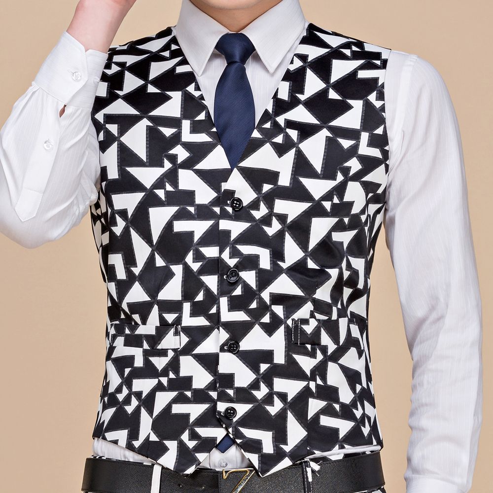 (Ivory)Mens Printing Suit Vest New Fashion Casual High Quality Single Breasted Slim Large Size Business Vest Waistcoat Man DOU
