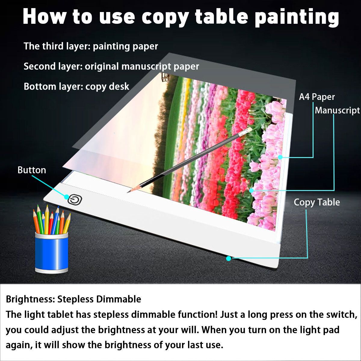 A4 LED Light Box 3-Level Dimming Tracing Board Art Design Drawing Copy Board Tablet Lightbox Diamond With USB Cable