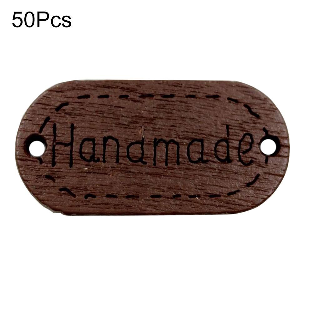50Pcs Hand Made Letter Print Wooden Label Buttons for DIY Sewing Scrapbook Decor-Brown
