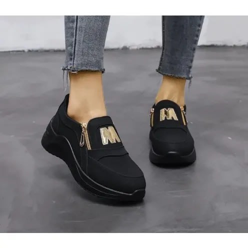 Ladies Zip Design Sneakers - Black