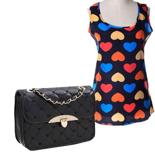 Sleeveless Love Print Chiffon Camisole Top + Quilted Handbag - Black