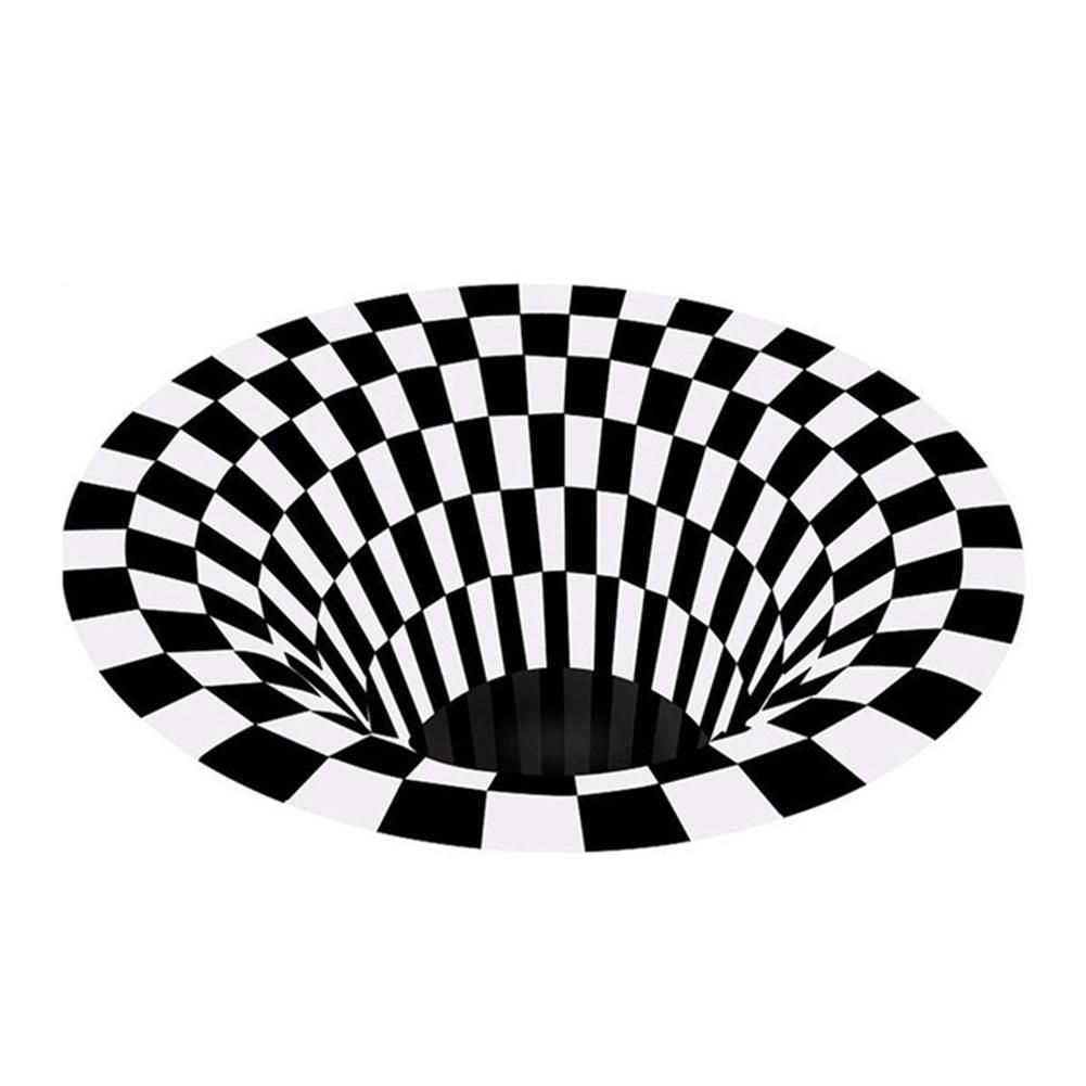 Vortex Illusion Rug 3D Trap Effect Bottomless Hole Carpet Round Black White Grid Room Bedroom Anti-Slip Floor Mats-C