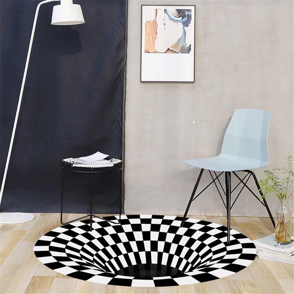 Vortex Illusion Rug 3D Trap Effect Bottomless Hole Carpet Round Black White Grid Room Bedroom Anti-Slip Floor Mats-C