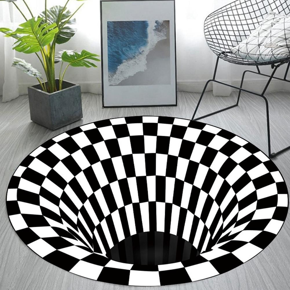 Vortex Illusion Rug 3D Trap Effect Bottomless Hole Carpet Round Black White Grid Room Bedroom Anti-Slip Floor Mats-C
