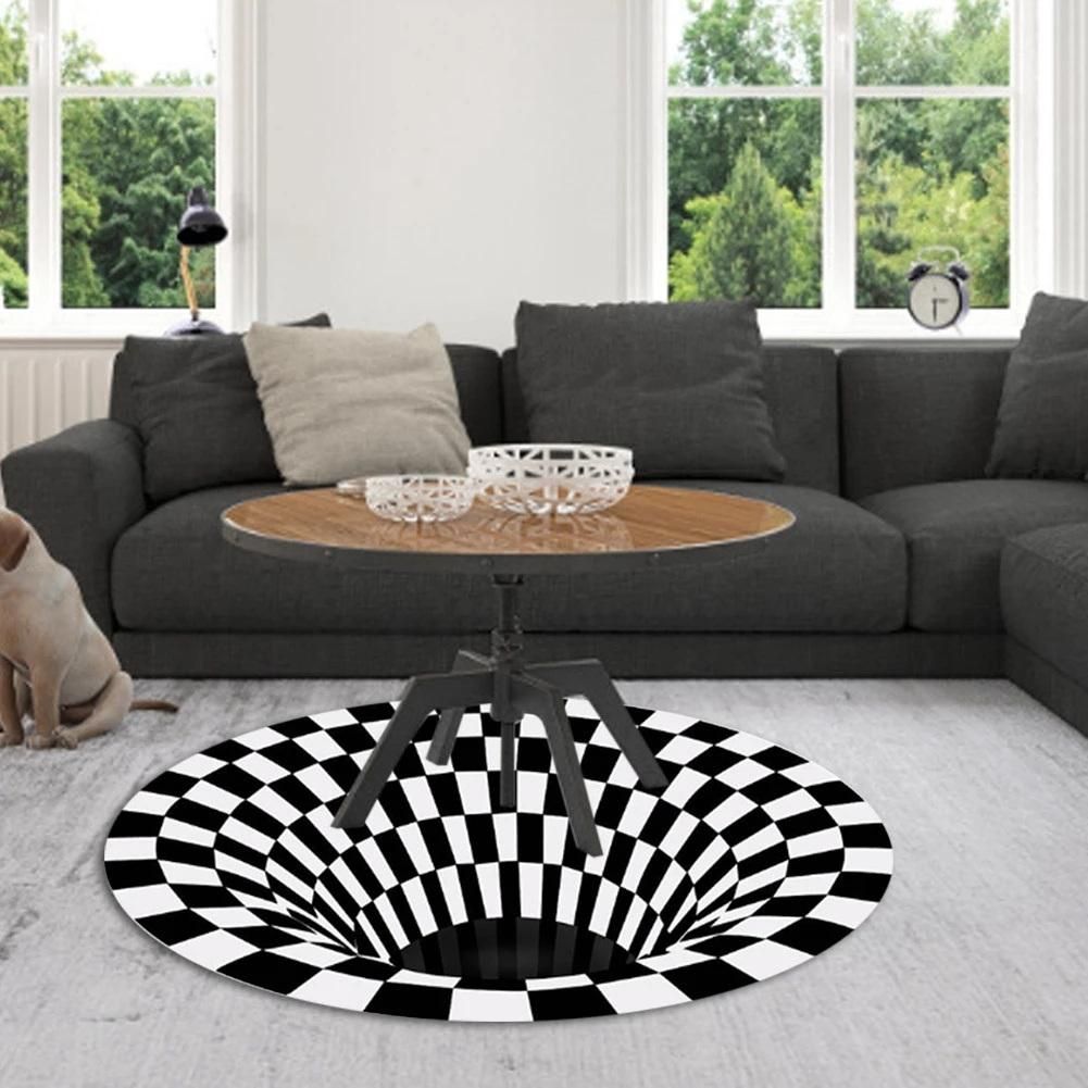 Vortex Illusion Rug 3D Trap Effect Bottomless Hole Carpet Round Black White Grid Room Bedroom Anti-Slip Floor Mats-C