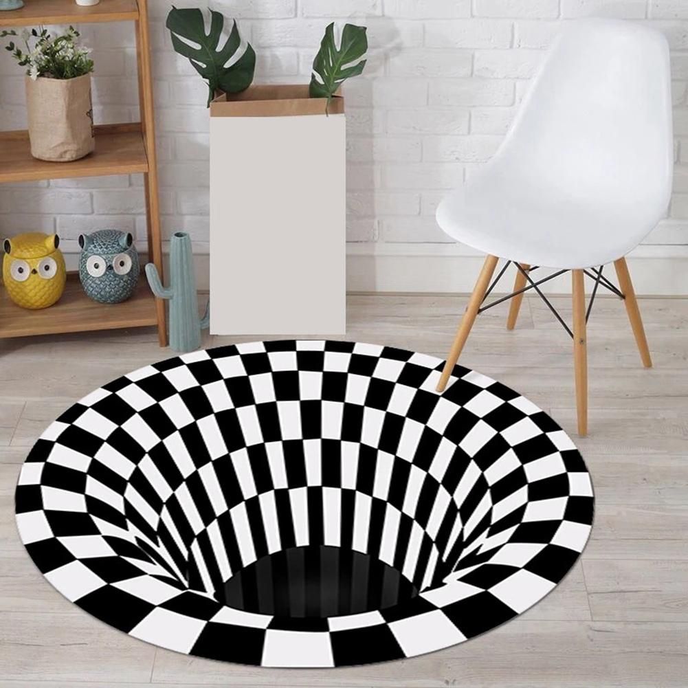 Vortex Illusion Rug 3D Trap Effect Bottomless Hole Carpet Round Black White Grid Room Bedroom Anti-Slip Floor Mats-C