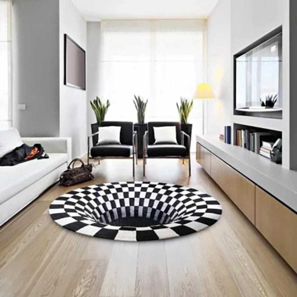 Vortex Illusion Rug 3D Trap Effect Bottomless Hole Carpet Round Black White Grid Room Bedroom Anti-Slip Floor Mats-C