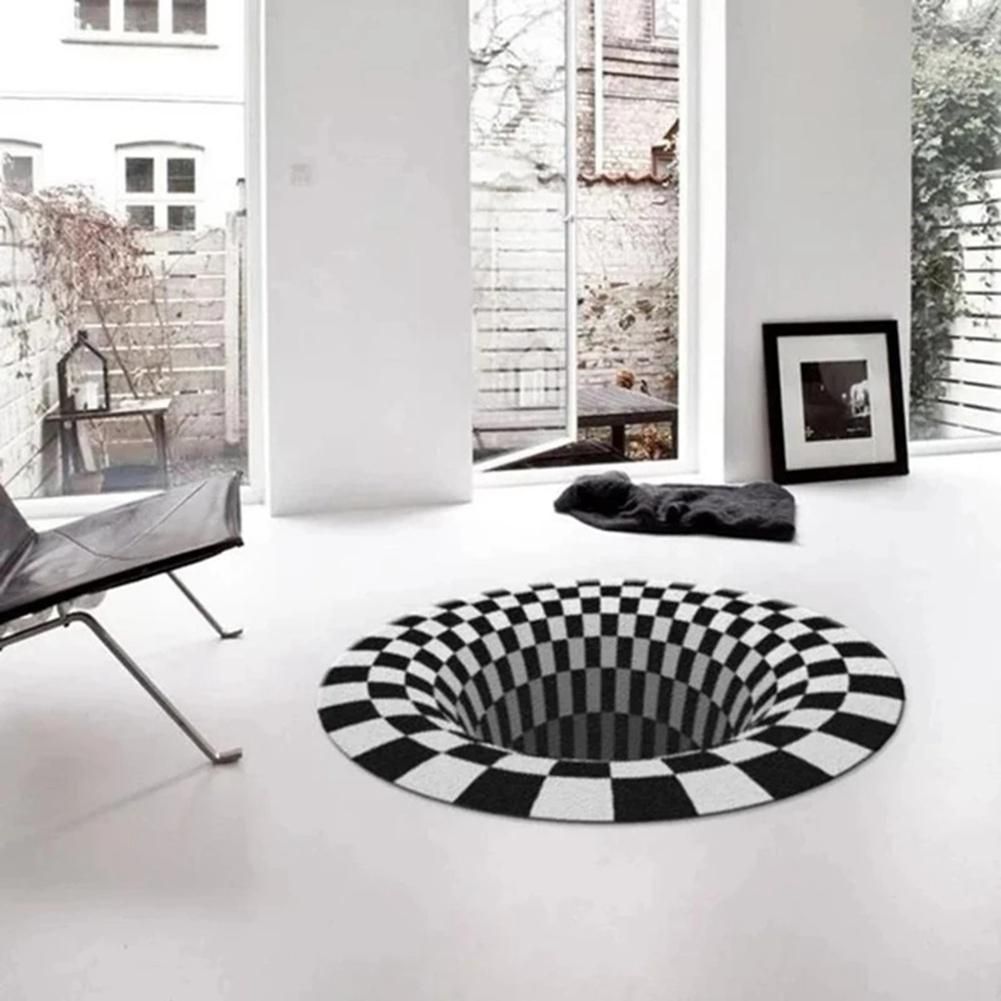 Vortex Illusion Rug 3D Trap Effect Bottomless Hole Carpet Round Black White Grid Room Bedroom Anti-Slip Floor Mats-C