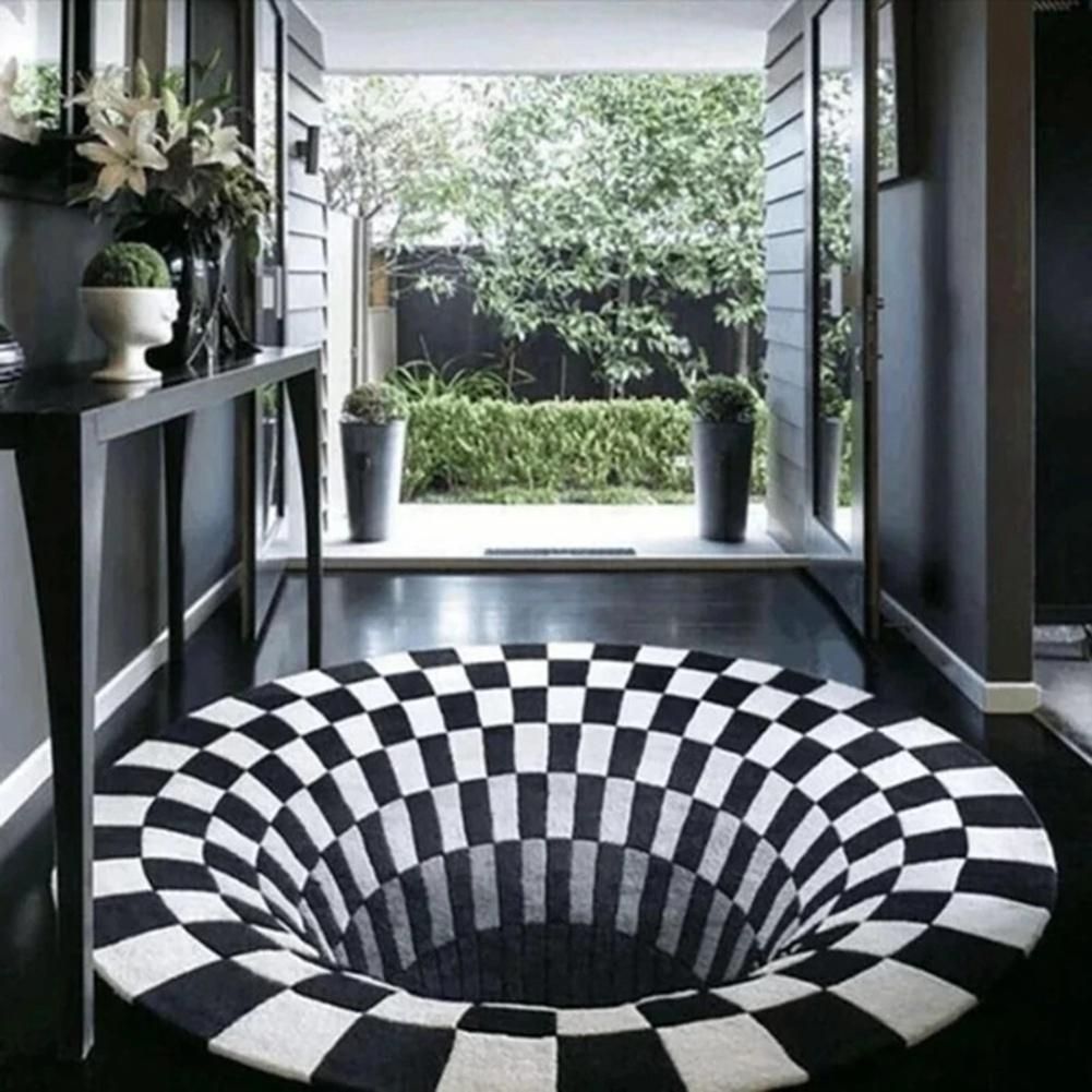 Vortex Illusion Rug 3D Trap Effect Bottomless Hole Carpet Round Black White Grid Room Bedroom Anti-Slip Floor Mats-C