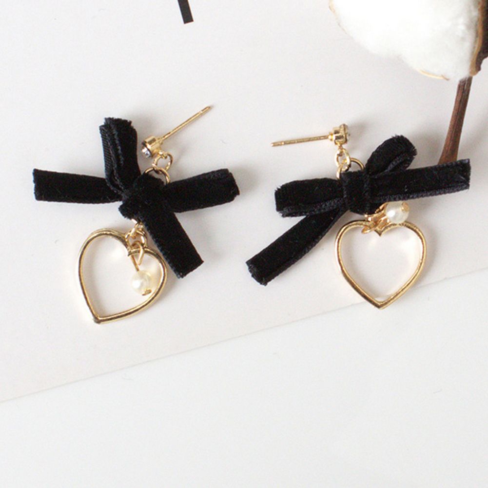 Cute Bowknot Imitation Pearl Hollow Love Heart Dangle Rhinestone Stud Earrings-Black