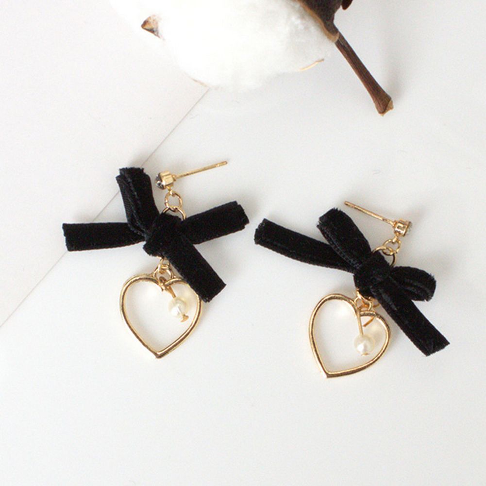 Cute Bowknot Imitation Pearl Hollow Love Heart Dangle Rhinestone Stud Earrings-Black