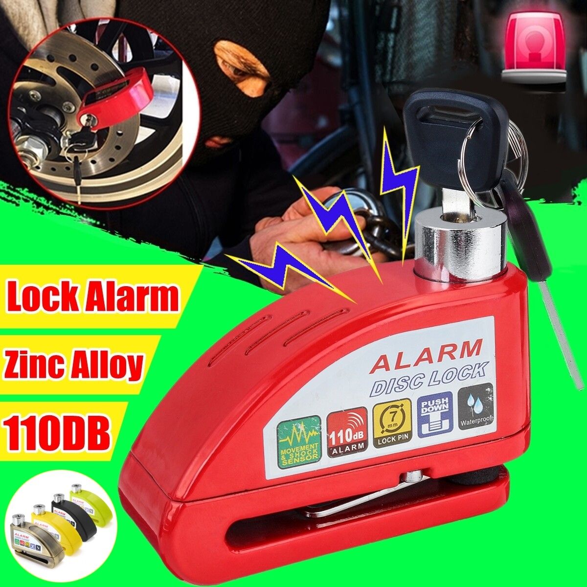 110dB Zinc Alloy Motorcycle Scooter Security Anti-theft Wheel Disc Brake Lock Alarm Kit Bronze
