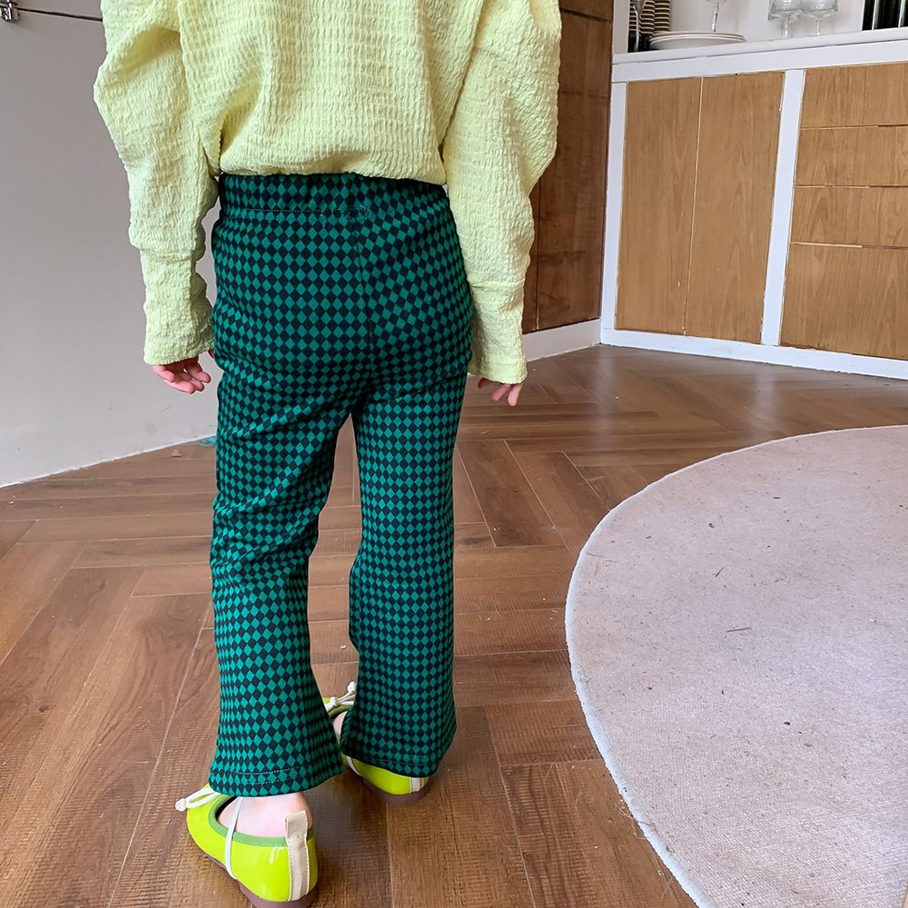 Cotton Kids Fashion Plaid Casual Girls Wide Leg Trousers -Green