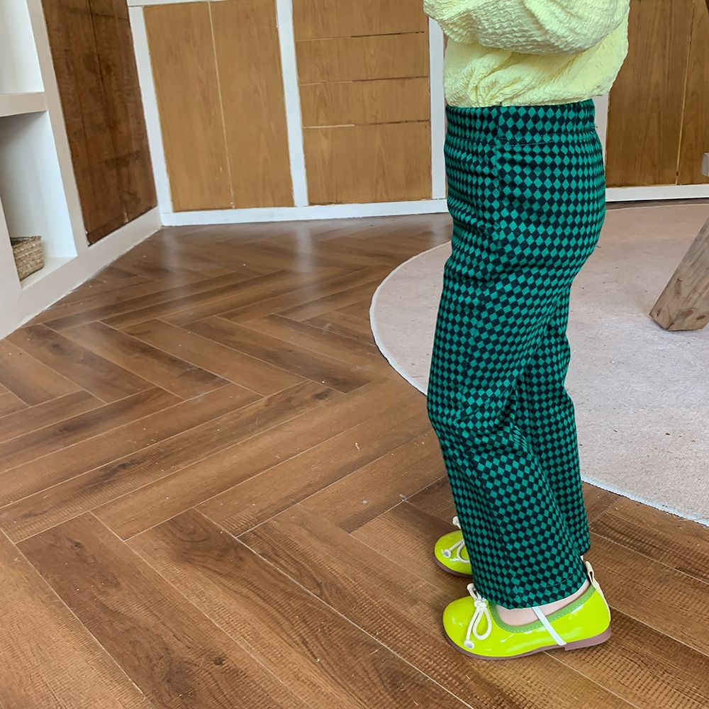 Cotton Kids Fashion Plaid Casual Girls Wide Leg Trousers -Green