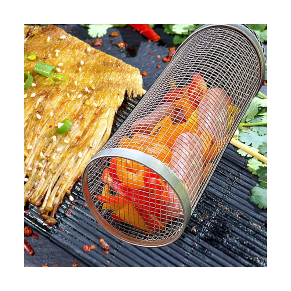 30cm Barbecue Rolling Grill Basket BBQ Net Tube Grill Basket BBQ Campfire Grid Family Travel Camping Picnic Cookware