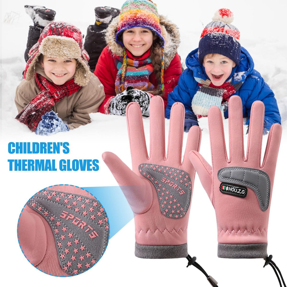 Children Warm Gloves Snowproof Kids 5-finger Gloves with for Skiing Pink
