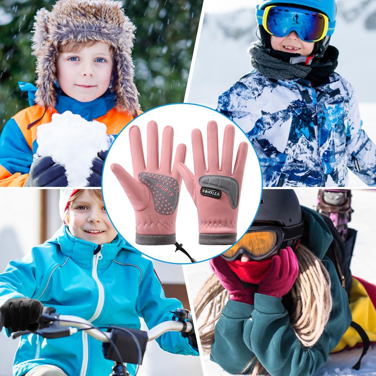 Children Warm Gloves Snowproof Kids 5-finger Gloves with for Skiing Pink