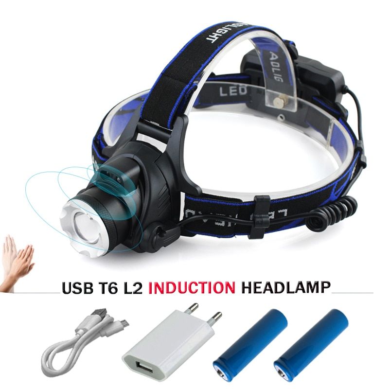 Infrared Sensor Headlight IR LED Headlamp Zoom CREE XML T6 L2 Head Torch Lamp 18650 Rechargeable Head Light Flashlight Lanterna BIL