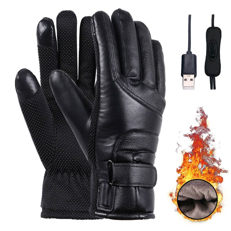 (black)Men Heated Gloves USB Rechargeable Hand Warmer Electric Heating Gloves Winter Thermal T GRE