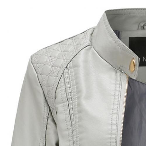 Large Size Stand-up Collar Faux Leather Ladies Jacket