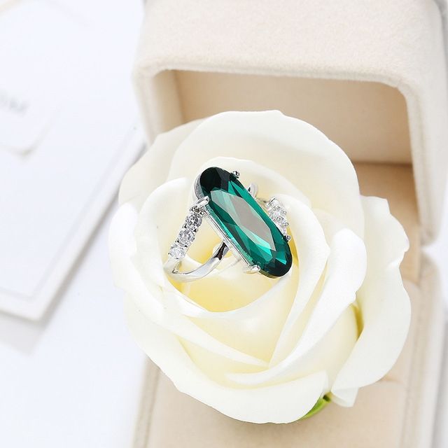 Classic Sterling Silver Zircon Crystal Engagement Ring For Women,Size:7(Green)