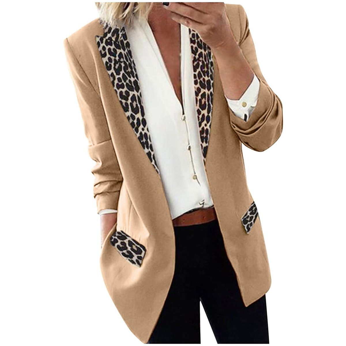 Fahion Women's Lapel Cape Leopard Notch Laple-Blazer Office Suit Outwe