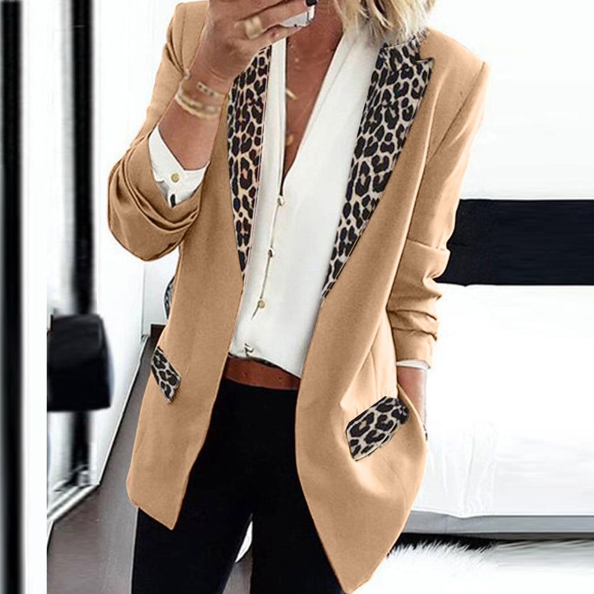 Fahion Women's Lapel Cape Leopard Notch Laple-Blazer Office Suit Outwe