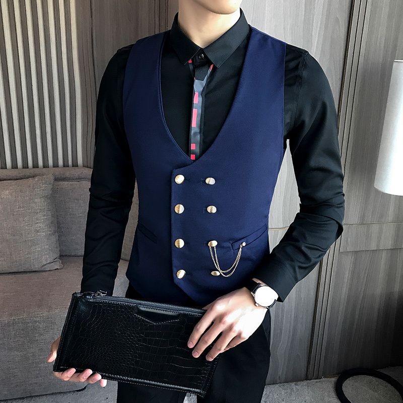 (navy Blue)Mens Vest Double-breasted Waistcoat Male Prom Party Disco Waiter Clothes Casual Slim Fit Dress Vest For Men Tuxedo Gilet Homme WAR