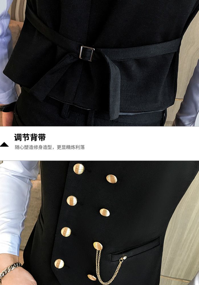 (navy Blue)Mens Vest Double-breasted Waistcoat Male Prom Party Disco Waiter Clothes Casual Slim Fit Dress Vest For Men Tuxedo Gilet Homme WAR