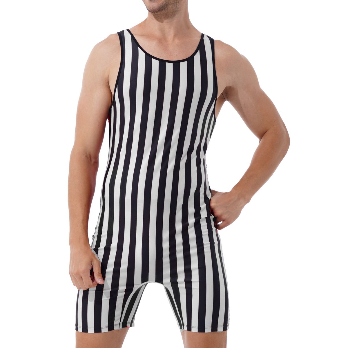 Men Exotic Jumpsuit Striped Wrestling Singlet Bodysuit Weight Lifting Stretchy