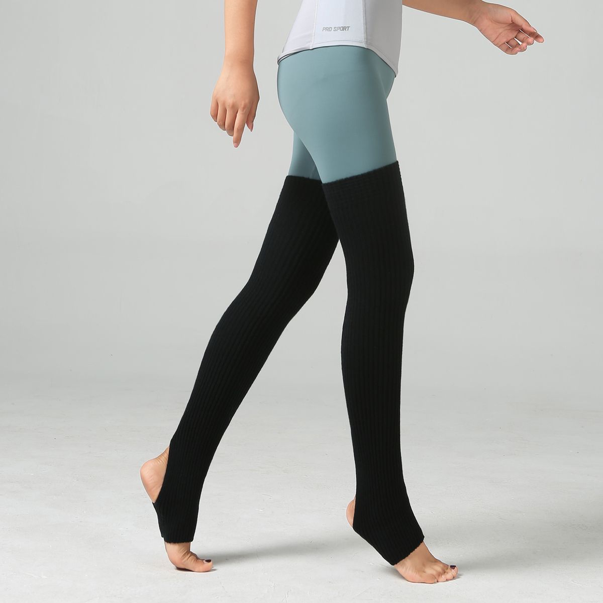 Women Yoga Stockings Open Heel Ribbed Knit Thigh High Leg
