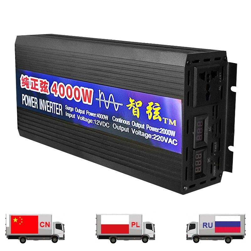 Pure Sine Wave Inverter 2000W 3000W 4000W Power Solar Car Inverters With LED Display DC 12V 24V To AC 220V Voltage Converter