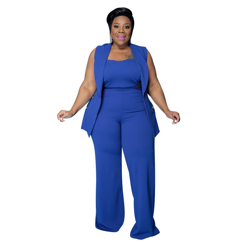 Pure Color Slim Plus Size Women Set  OL Three-piece Summer Suit Straight Loose