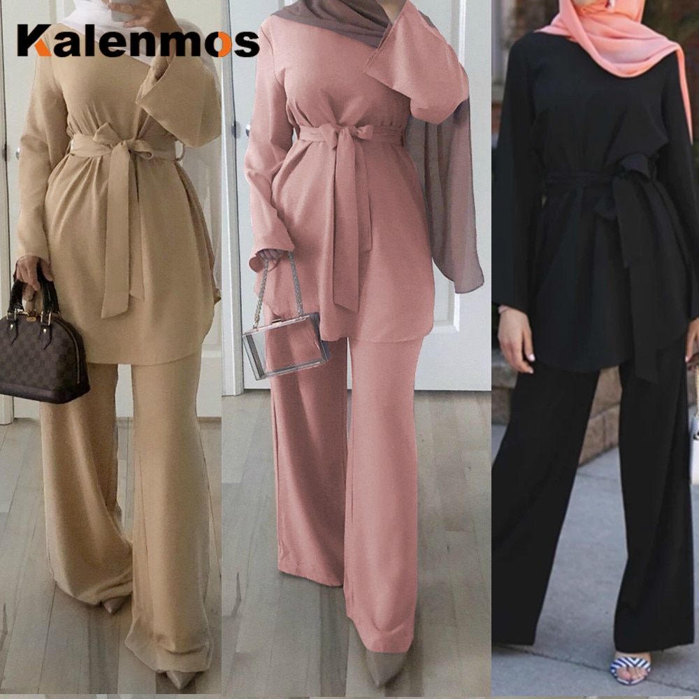 2pecs Set Blouse Wide Leg Pants Women Dubai Muslim Abaya Lace-up Solid Ropa De Mujer Kaftan UAE Islamic Clothing Turkey African（#Khaki）