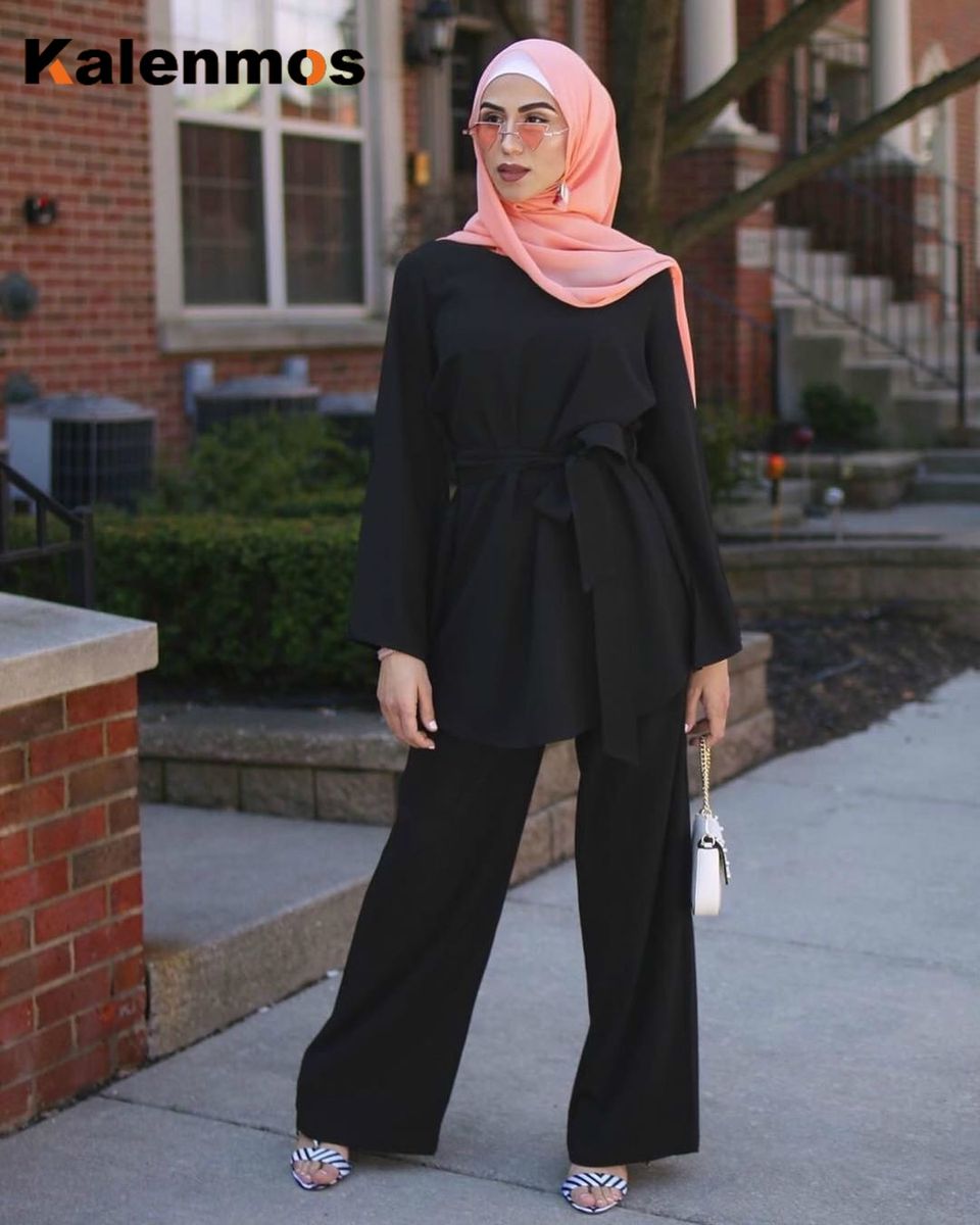 2pecs Set Blouse Wide Leg Pants Women Dubai Muslim Abaya Lace-up Solid Ropa De Mujer Kaftan UAE Islamic Clothing Turkey African（#Khaki）