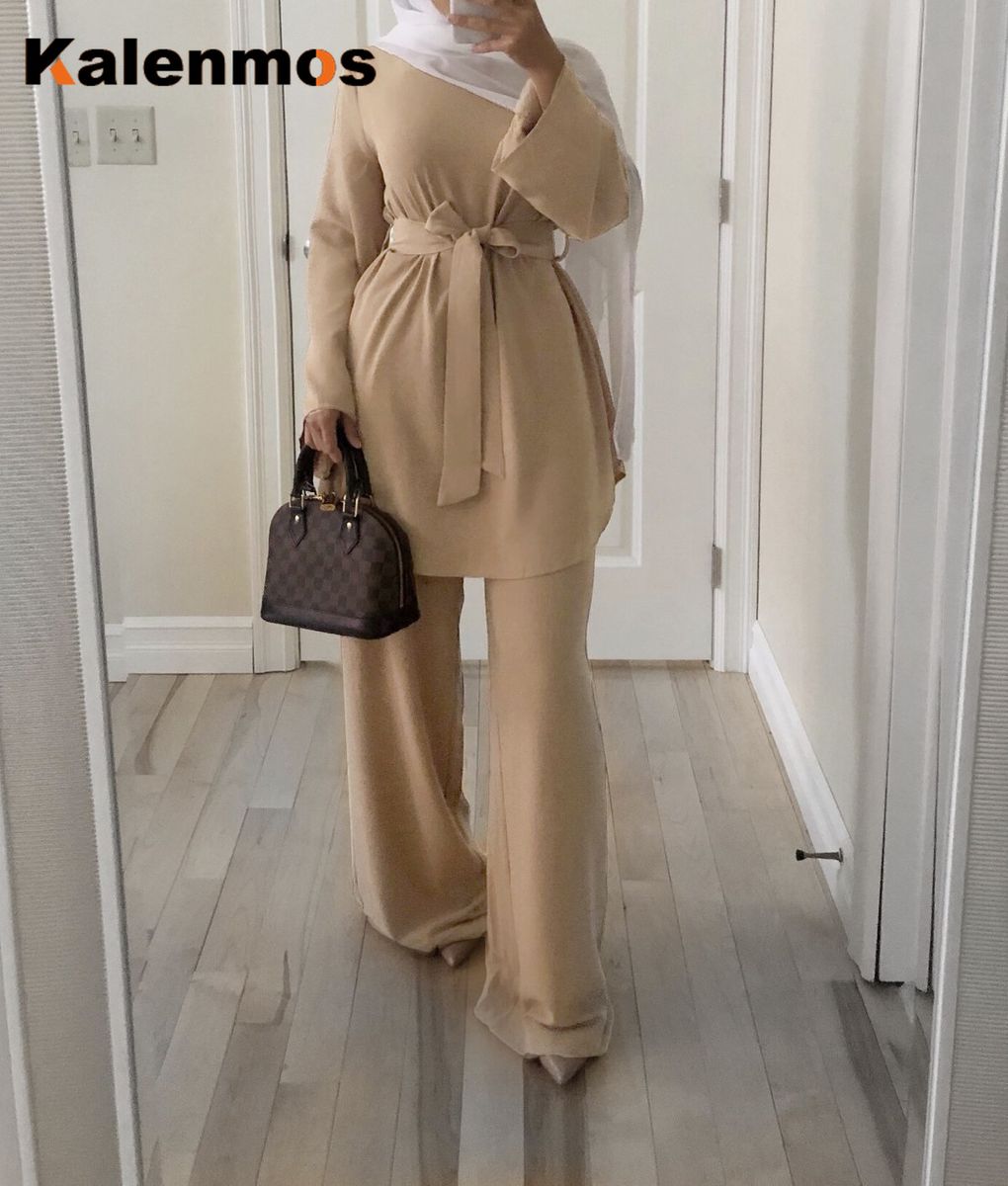 2pecs Set Blouse Wide Leg Pants Women Dubai Muslim Abaya Lace-up Solid Ropa De Mujer Kaftan UAE Islamic Clothing Turkey African（#Khaki）