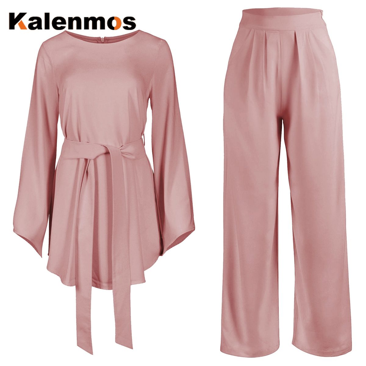 2pecs Set Blouse Wide Leg Pants Women Dubai Muslim Abaya Lace-up Solid Ropa De Mujer Kaftan UAE Islamic Clothing Turkey African（#Khaki）