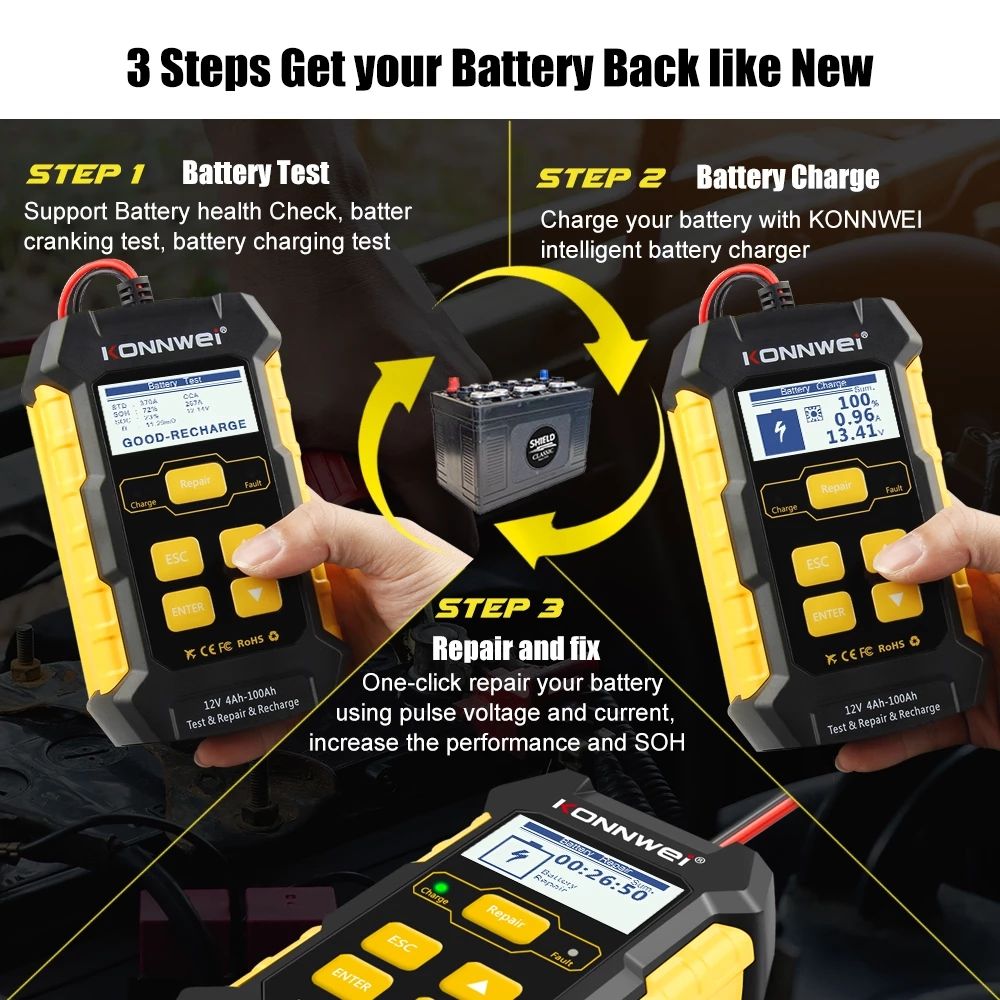 KW510 Full Automatic 12V Car Battery Tester Pulse Repair 5A Battery Chargers Wet Dry AGM Gels Lead Acid Car Repair Tool