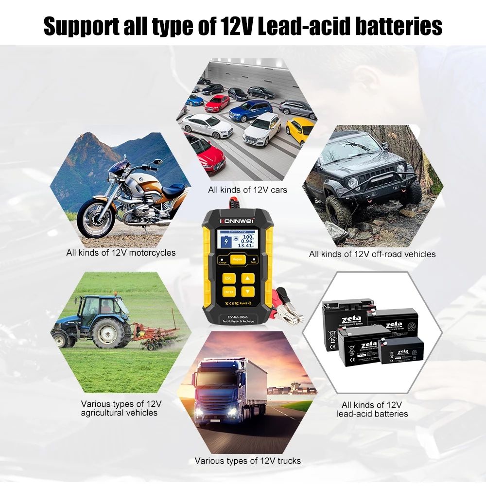 KW510 Full Automatic 12V Car Battery Tester Pulse Repair 5A Battery Chargers Wet Dry AGM Gels Lead Acid Car Repair Tool