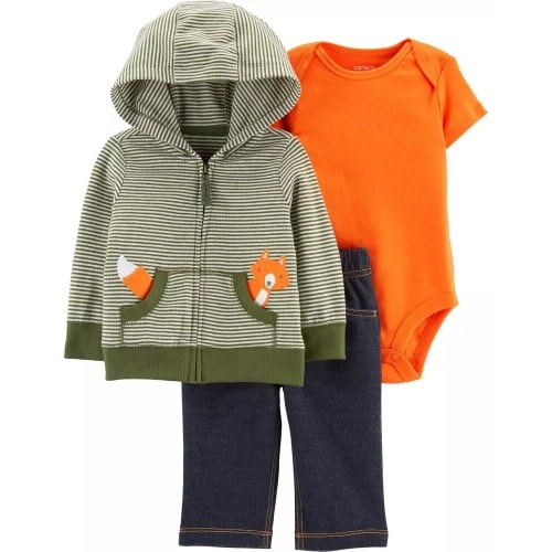 Baby Boy Fox Jacket, Bodysuit & Denim Pant - 3 In 1set - Army Green And Orange