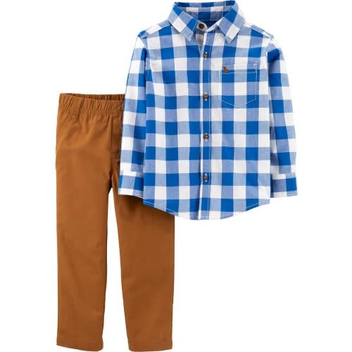 Box Pattern Long Sleeve Shirt & Chinos Pants - Blue Multicolour